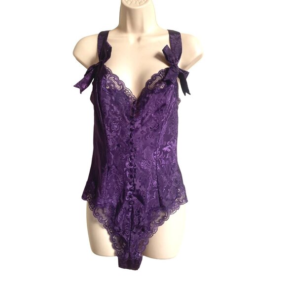 Victorias Secret Small Vintage Purple Satin & Lace Bodysuit Bows Sexy Gold Label - Picture 2 of 16